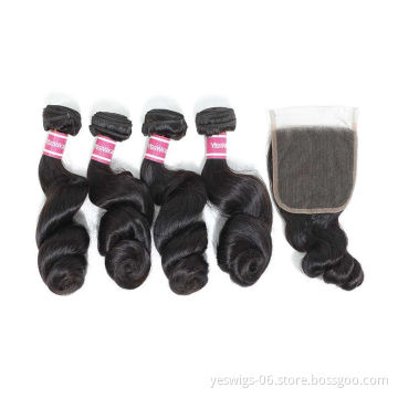 Peruvian Hair Loose Wave Hair 4 Bundles with Closure Remy Human Hair Weave Bundles With Closure Natural Color